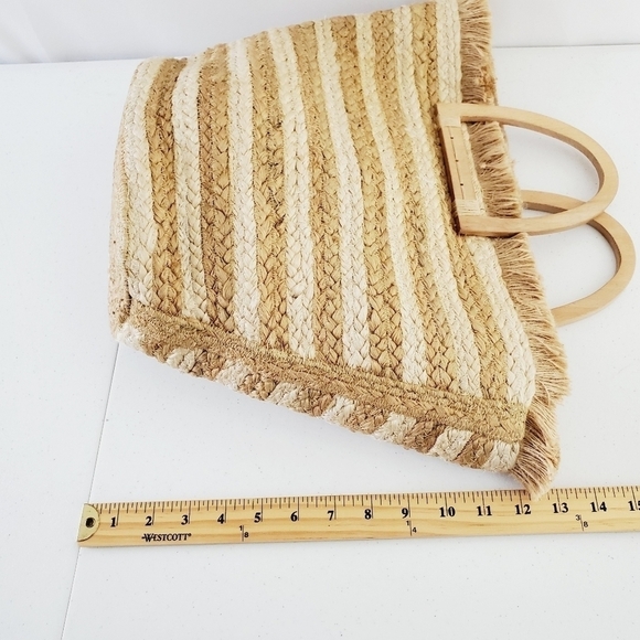 Antik Kraft Striped Jute Tote Ivory Large Beach Coastal Wood Handle Bag NEW - Picture 9 of 14
